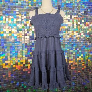 Tiered Ruffle Mini Dress Womens Navy Blue Excellent Smocked Boho Spring Summer